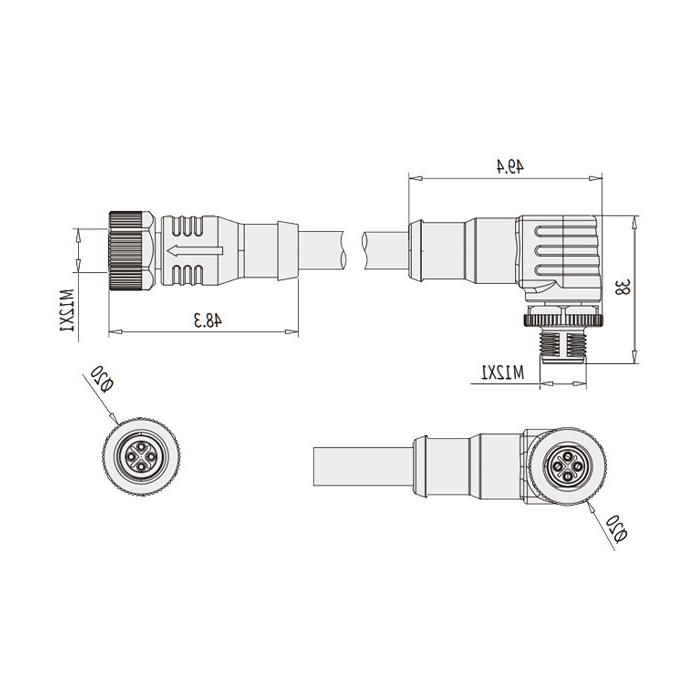 M12 4Pin S-coded、母头直型转公头90°、双端预铸PVC非柔性电缆、灰色护套、64SD21-XXX