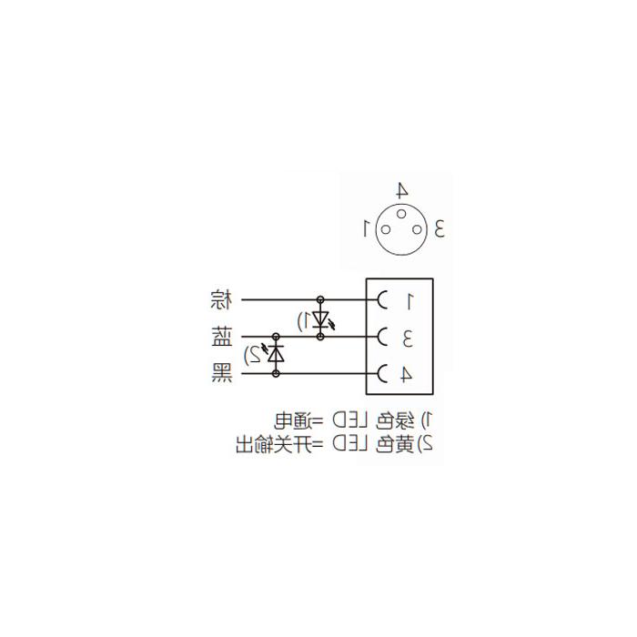 M8 3Pin、母头90°、带LED灯、IP 69K-ECOLAB、食品级、单端预铸PUR柔性电缆、黑色护套、63E001-XXX